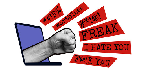 Cybermobbing. Agressive fist reaching out of laptop with bold lettering of Hate speech. Online social media verbal violence. Transparent background - obrazy, fototapety, plakaty