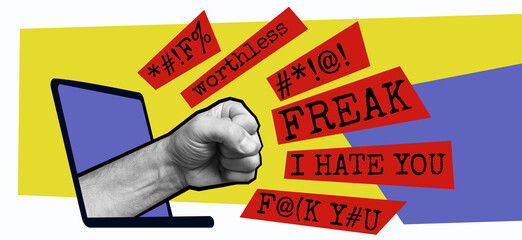 Cybermobbing. Agressive fist reaching out of laptop with bold lettering of Hate speech. Online social media verbal violence.  - obrazy, fototapety, plakaty