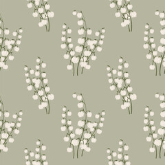 Seamless pattern, delicate flowers of lilies of the valley on a light background. Spring background, textile, vector