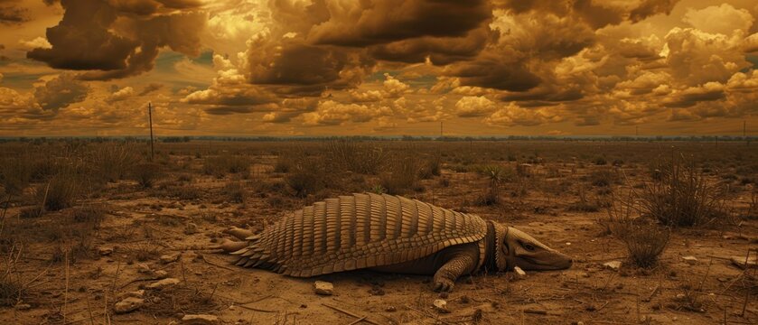 a large armadile sitting in the middle of a desert under a cloudy sky with a sky full of clouds.