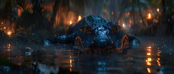 a close up of a alligator in a body of water with a lot of lights on the side of it.