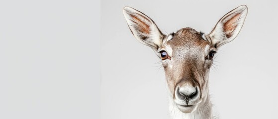 a close up of a deer's face with a white wall in the background and a white wall in the foreground.