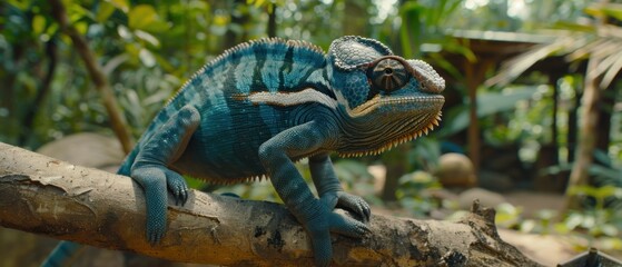 a blue chamelon sitting on top of a tree branch in a tropical setting with greenery in the background.