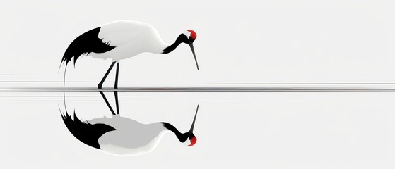 two black and white birds with red beaks are standing in a body of water with their reflection in the water.