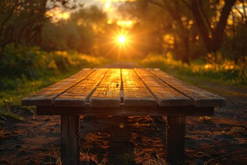 Naklejka premium Golden morning sunlight bathes a frost-covered wooden table, a promise of a new day in a tranquil park