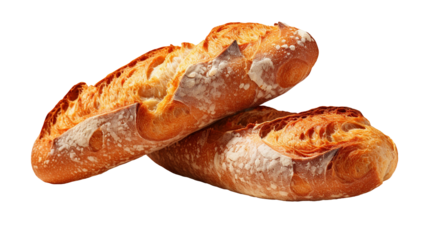 Two loaves of crunchy and delicious French baguettes on a transparent background  in PNG format