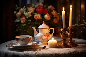 Fototapeta na wymiar A romantic scene with candles and dinnerware framing the text space