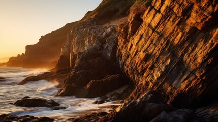 Sunrise over a rugged cliff and the sea