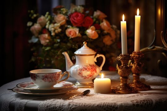 A romantic scene with candles and dinnerware framing the text space