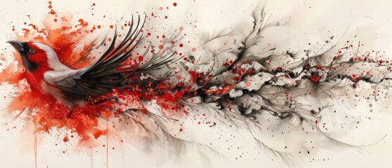 a painting of a bird with red and black paint splatters all over it's body and wings.