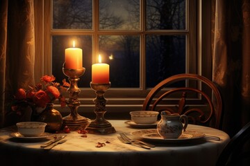 A romantic scene with candles and dinnerware framing the text space