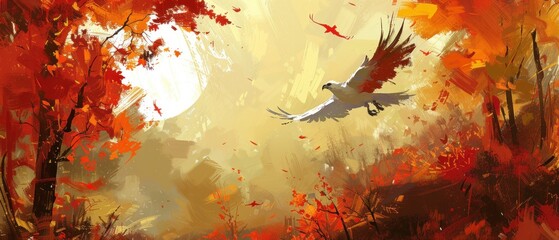 a painting of a white bird flying over a forest filled with red and yellow leaves on a sunny autumn day.