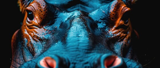 a close up of an elephant's face with orange and blue paint on it's face and a black background.