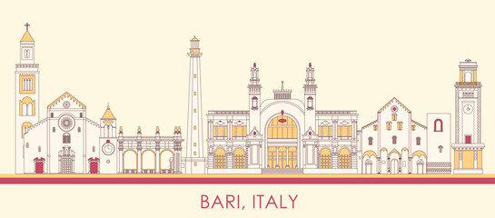 Cartoon Skyline panorama of city of Bari, Italy - vector illustration - obrazy, fototapety, plakaty