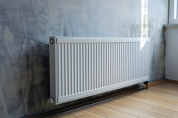 White metal heating radiator forming part of a central heating system with energy-efficient thermal insulation on the wall - obrazy, fototapety, plakaty