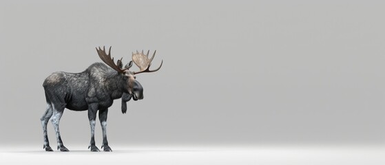 a moose with large antlers standing in front of a gray background and looking at the camera with a serious look on its face.