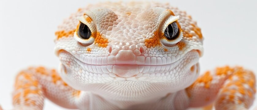a close up of a lizard's face with an orange and white pattern on it's body and eyes.