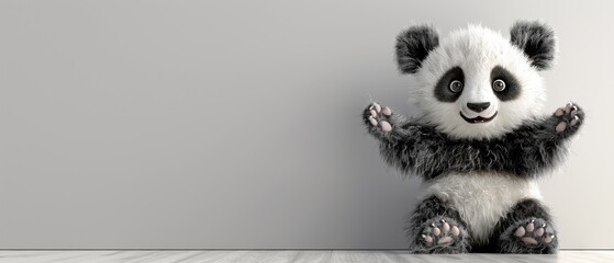 a black and white panda bear standing on its hind legs with its paws in the air and eyes wide open. - obrazy, fototapety, plakaty