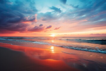 A serene beach sunset scene with text space over the horizon