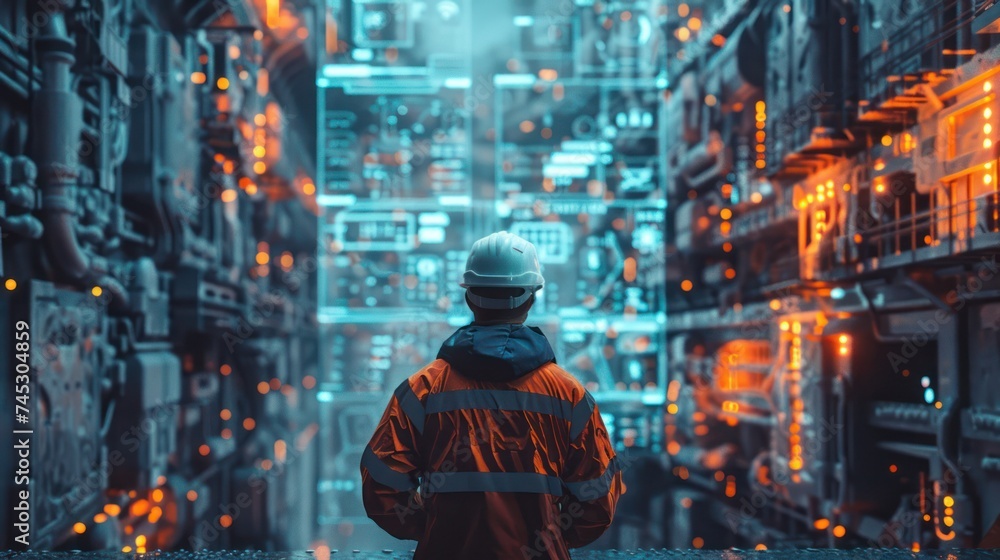 Poster medium shot of a construction engineer directing a crane via holographic controls enhancing precisio