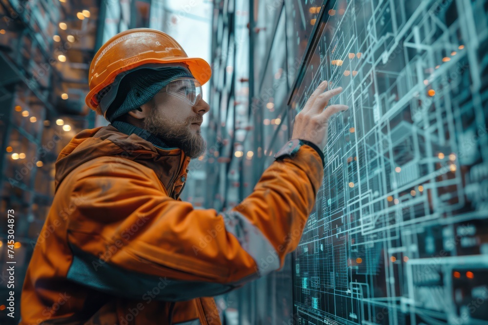 Poster medium shot of a construction engineer reviewing a holographic blueprint of a skyscraper on site int