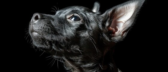 a close up of a dog's face with it's head turned to the side with a black background.