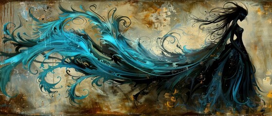a painting of a woman in a long dress with a flowing blue dress on it's back and her hair blowing in the wind.