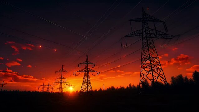 Electricity transmission towers with orange glowing wires the starry night sky. Energy infrastructure concept, energy, electricity, voltage, supply