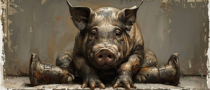 a painting of a pig sitting on top of a window sill with its legs spread out and eyes wide open.