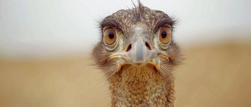 a close - up of an ostrich's face with a blurry background of sand and sky.