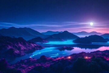 Futuristic night landscape with abstract landscape and island, moonlight, shine