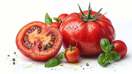 Fototapeta premium Tomato isolated. Tomato whole, half, on white background. Tomatoes with green basil leaves. Clipping path. Full depth of field