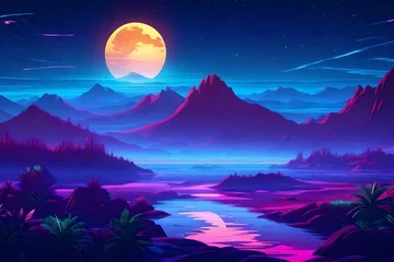 Foto op Plexiglas Donkerblauw Futuristic night landscape with abstract landscape and island, moonlight, shine Futuristic Night Landscape with Abstract Landscape and Moonlight Shine