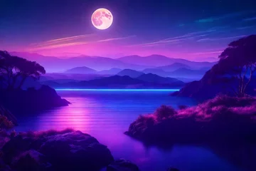 Foto op Plexiglas Violet Futuristic night landscape with abstract landscape and island, moonlight, shine Futuristic Night Landscape with Abstract Landscape and Moonlight Shine