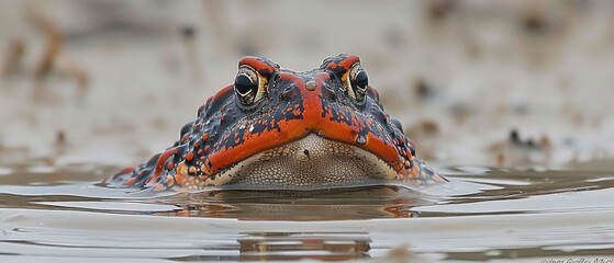 a close up of a frog in a body of water with it's head above the water's surface.