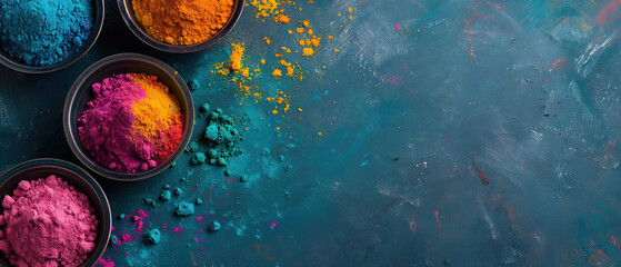 Top view of colorful Holi powder in bowls on a blue background with copy space for text, Happy Holi festival banne