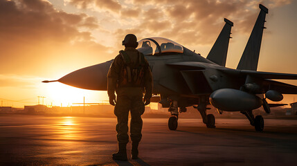 military warrior standing in the sun outside of his jet fighter