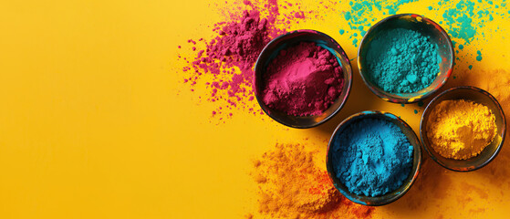 Holi festival background with colorful powder in bowls, wide yellow banner with copy space
