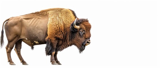 a close up of a bison standing on a white background with a blurry image of the back end of it's head.