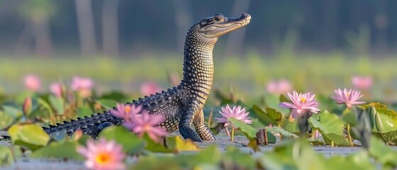 a close up of a small alligator in a body of water with flowers in the foreground and trees in the background. - obrazy, fototapety, plakaty