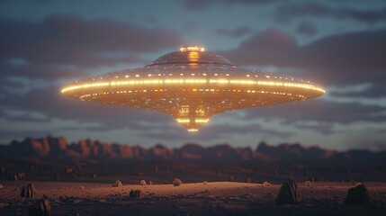 UFO flying over the desert at night. 3D illustration
