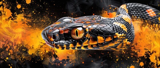 a close up of a snake's head on a black background with orange and yellow paint splatters.