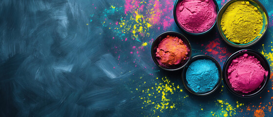Holi festival background with colorful powder in bowls, wide blue banner with copy space
