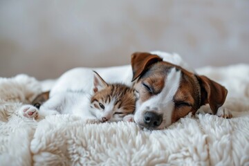 Cute little kitten and puppy lying together on a cozy white blanket. AI generative