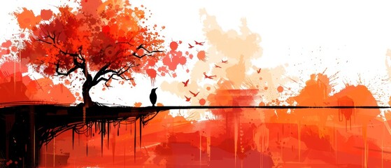 a painting of a tree with a bird sitting on it's branch in front of an orange and white background.