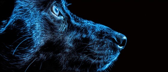 a close up of a black dog's face with a blue glow on it's left side of the face.