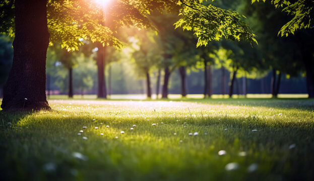 sunlight on the park with green grass and tress