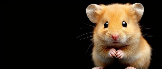 a close up of a hamster on a black background with a caption in the middle of the image.