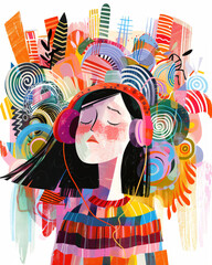 Girl listen to the music in headphones and see colorful melody. Synesthesia, ASMR. Stress relieving sounds concept. Abstract cartoon illustration for poster