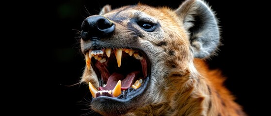 a close up of a hyena with it's mouth open and it's teeth wide open. - obrazy, fototapety, plakaty